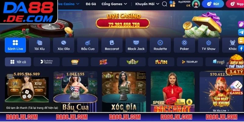 Giao diện Casino DA88 được thiết kế tinh tế cho mọi khách hàng