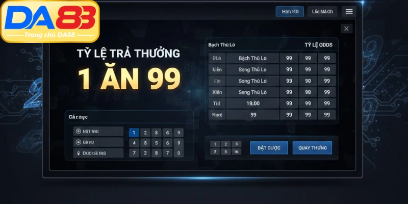 Xổ số lô đề trực tuyến DA88 tỷ lệ trả thưởng 1 ăn 99 cao nhất năm 2026